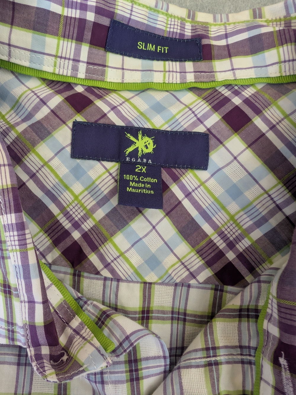 Egara Purple, Light Blue & Green Plaid Slim Fit Button-Down Shirt 2XL